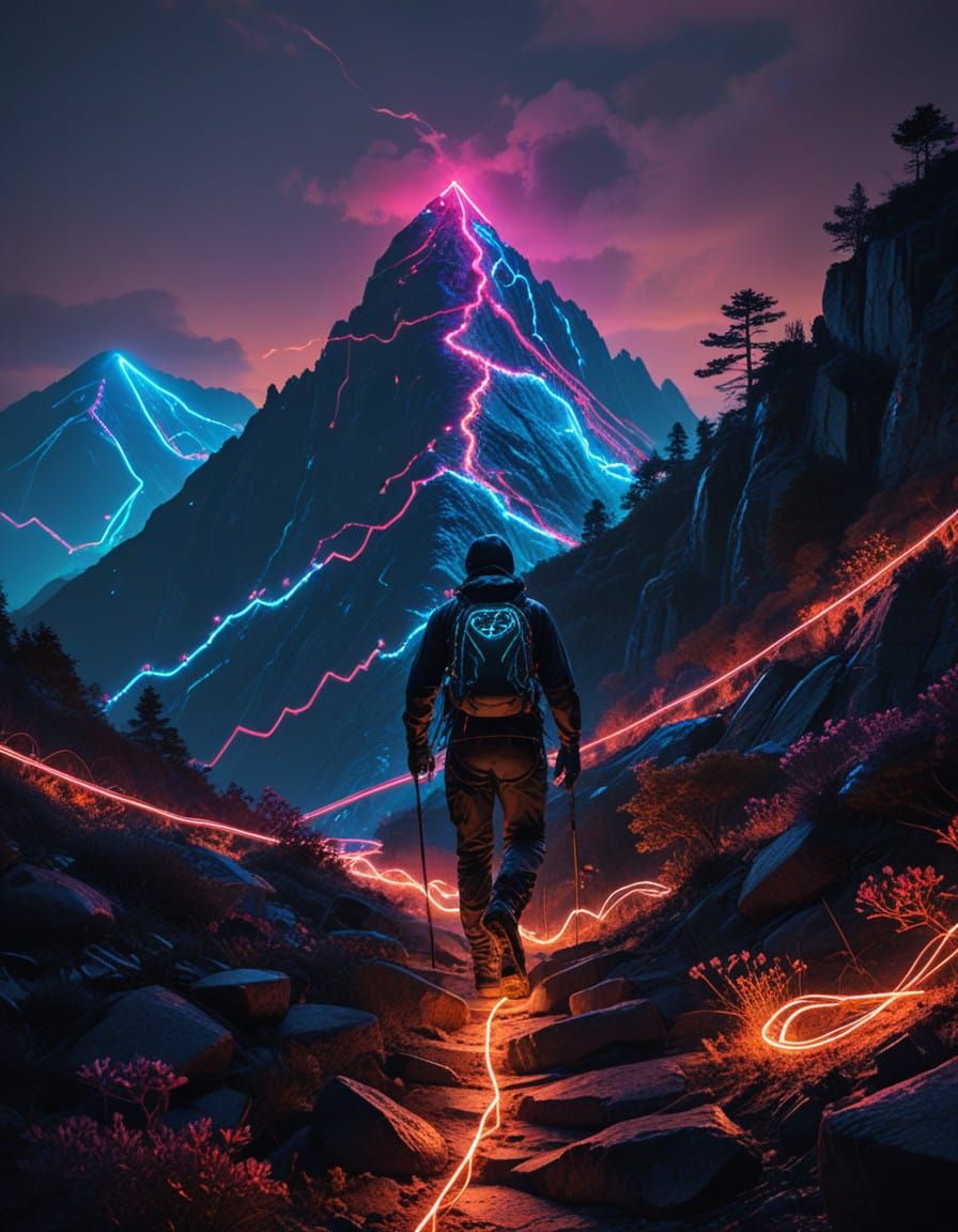 Cyberpunk Hiker Explores Neon-Lit Mountain Peaks