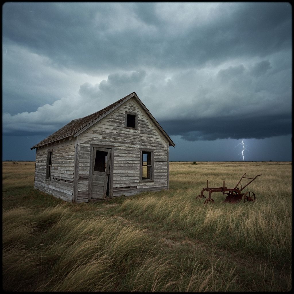 Weathered Shack in Windswept Field: Documentary Photography