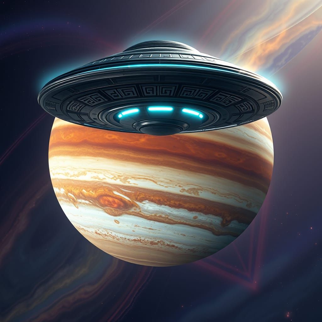 Surreal UFO Confronts Jupiter in Cyberpunk Aesthetic