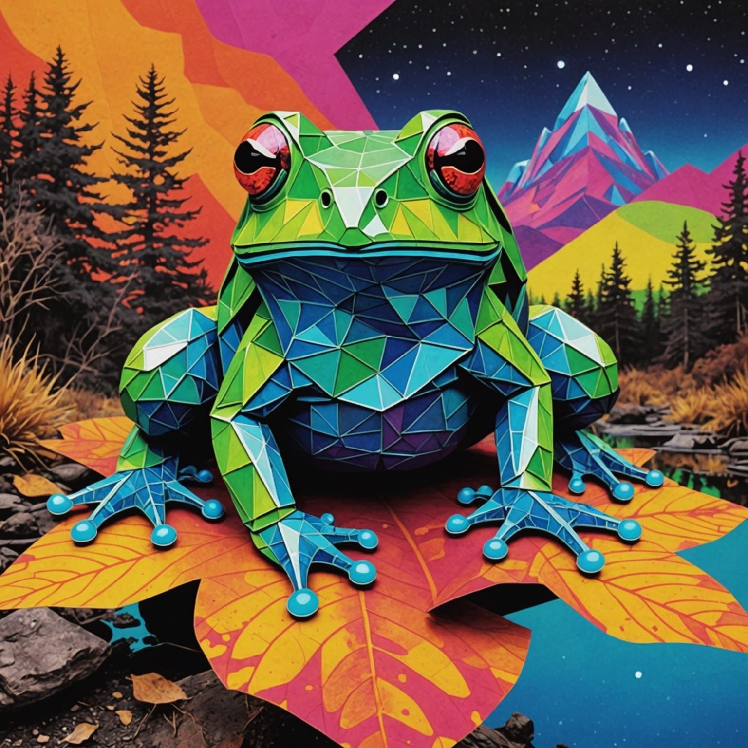 Origami Frog in Post-Apocalyptic Paper Collage Style