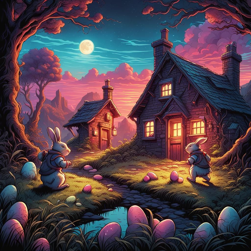 Rabbits at Easter Magic School in Synthwave Style