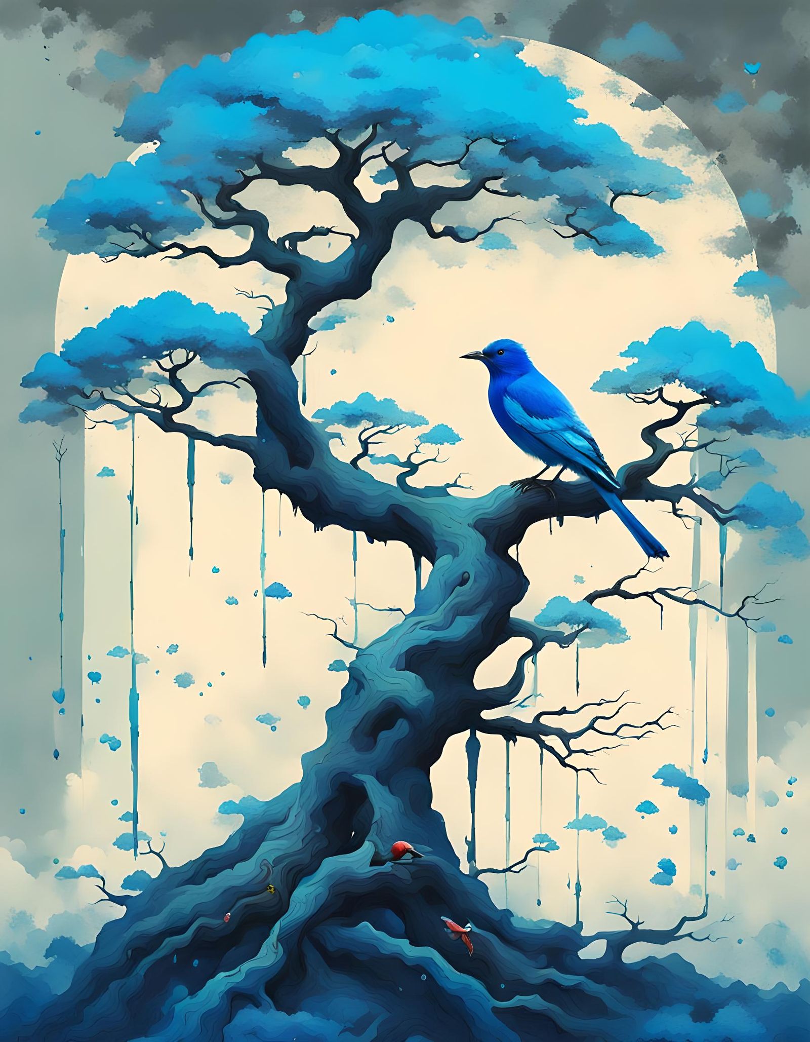 Ancient Tree with Blue Bird: Japanese Glitch Art