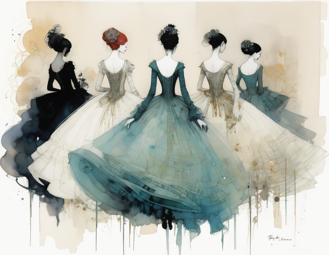 Elegant Ballroom Scene with Dancers in Gowns