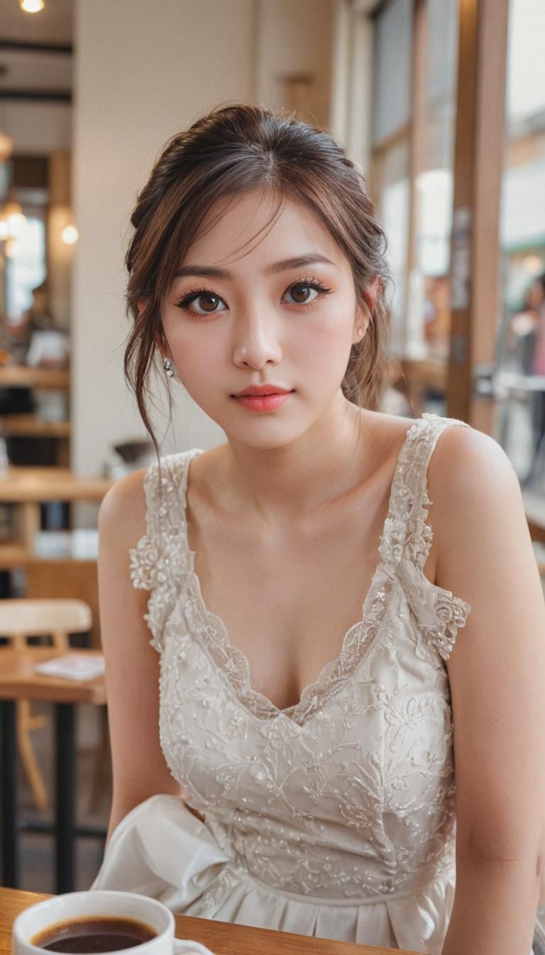 Beautiful Japan Idol Girl in Coffee Shop: Anime Realism