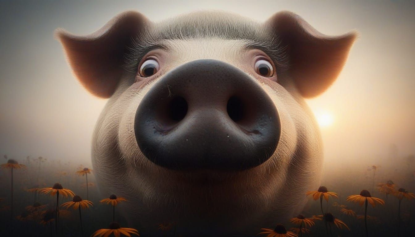 Surprised Pig Nose Close-up in Misty Field