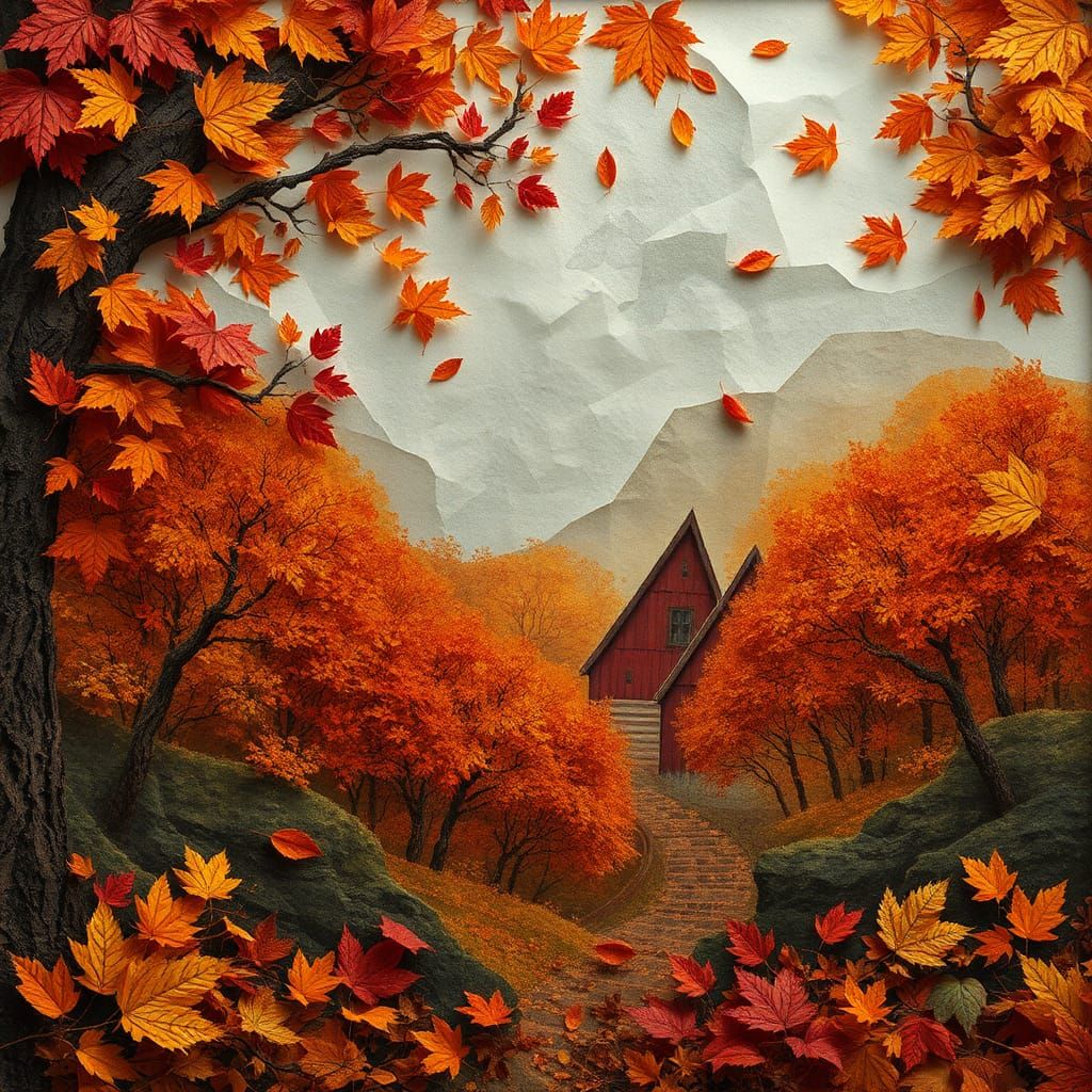 Autumn Paper Collage: Detailed Matte Painting in Deep Color
