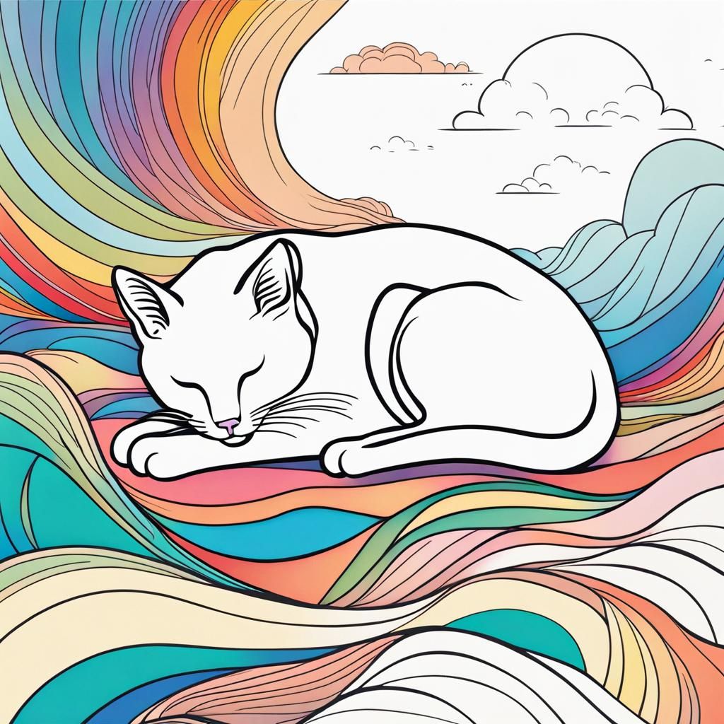 Sleeping Cat Under Rainbow: Minimalist Line Art