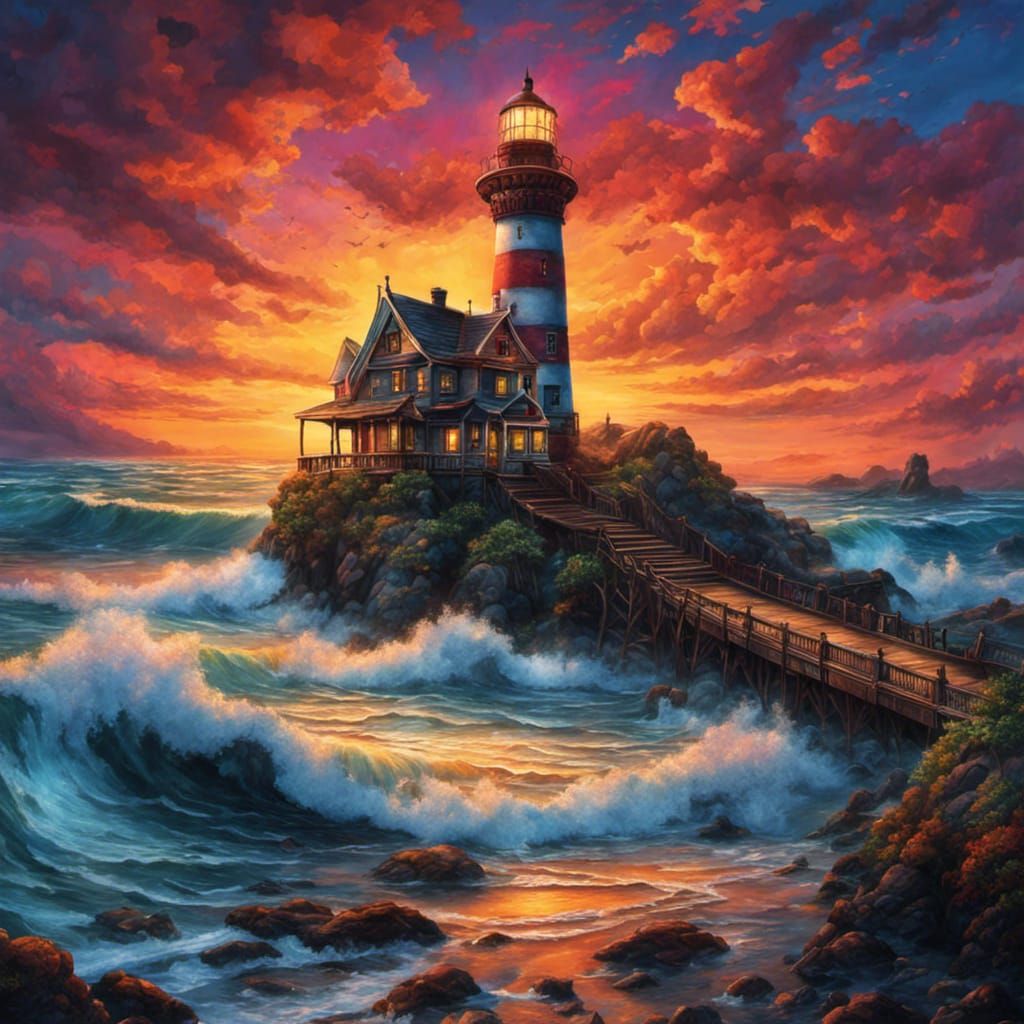 Gothic Lighthouse Sunset in Tim Burton Style