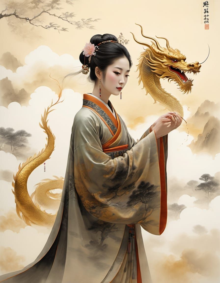 Ethereal Song Dynasty Concubine in Golden Light with Celesti...