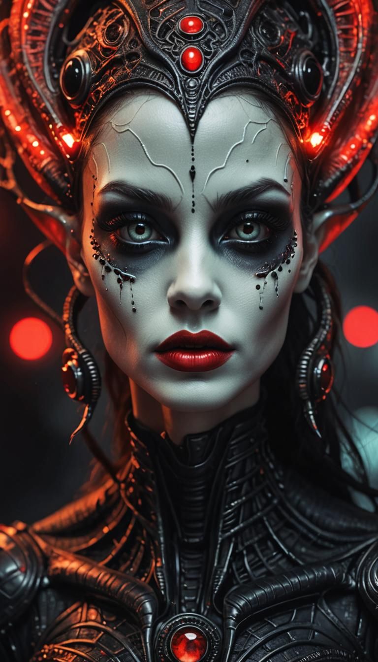 Striking Alien Woman with Bold Makeup and Black Eyes