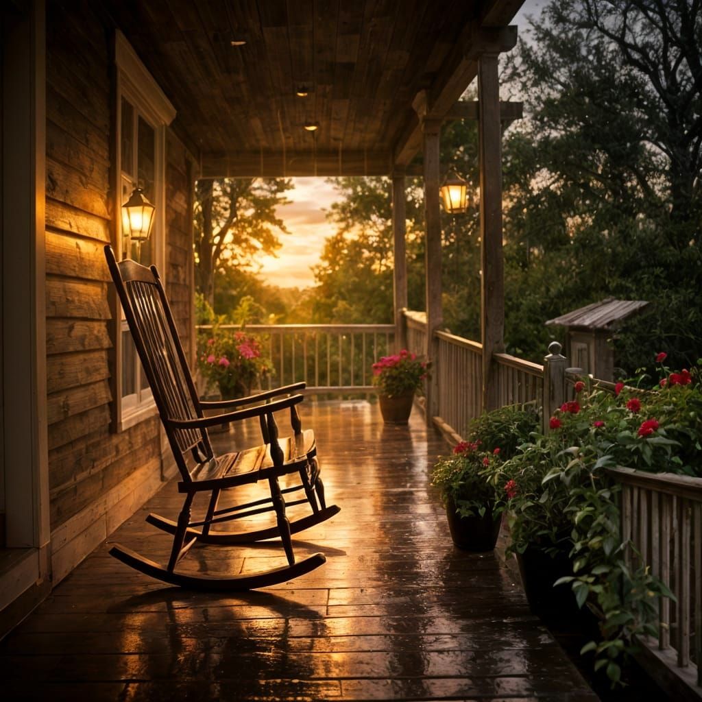 Enchanted Rocking Chair on a Rainy Summer Evening