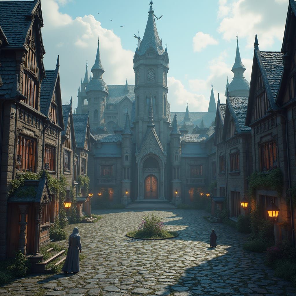 Mystical Astralis Academy with Cobblestone Courtyard
