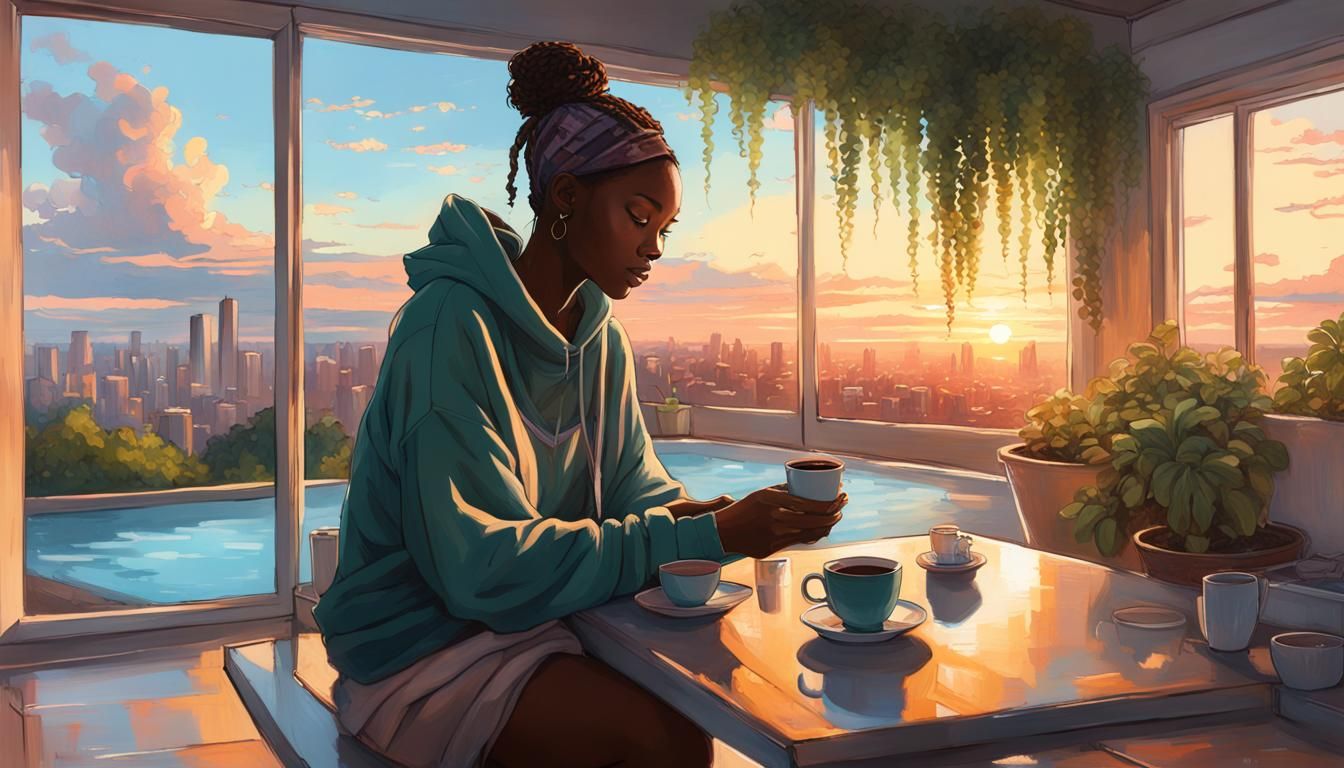 Luxury Sunset: African Woman by Pool in Acrylic Painting Sty...