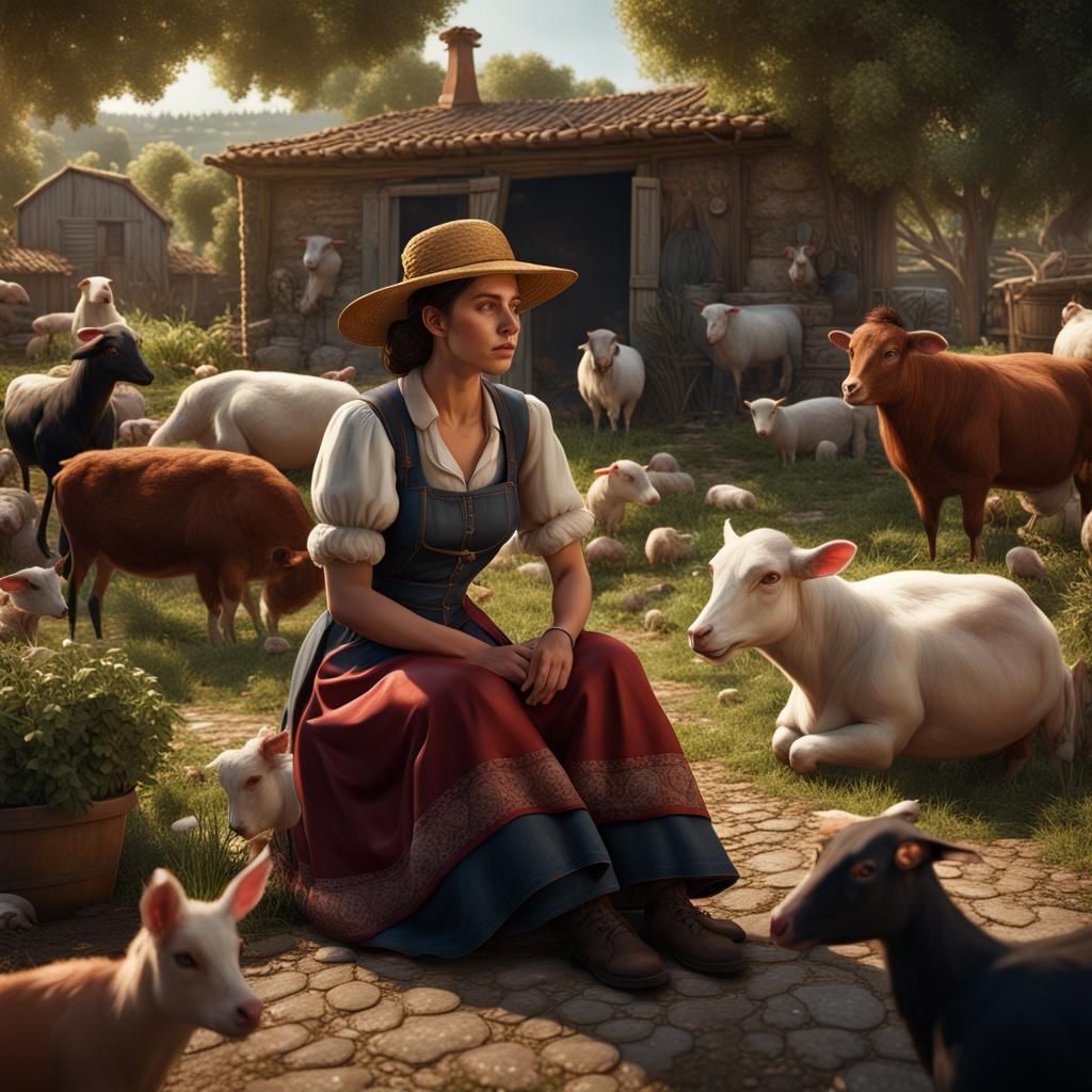 Spanish Woman Farmer in a Detailed Garden Scene