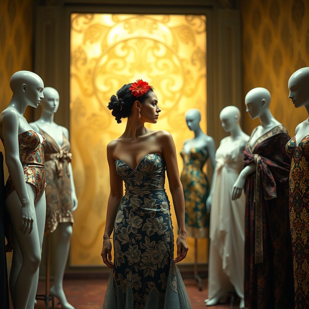 Fashion Atelier Scene: Runway Preparation in Art Nouveau Sty...