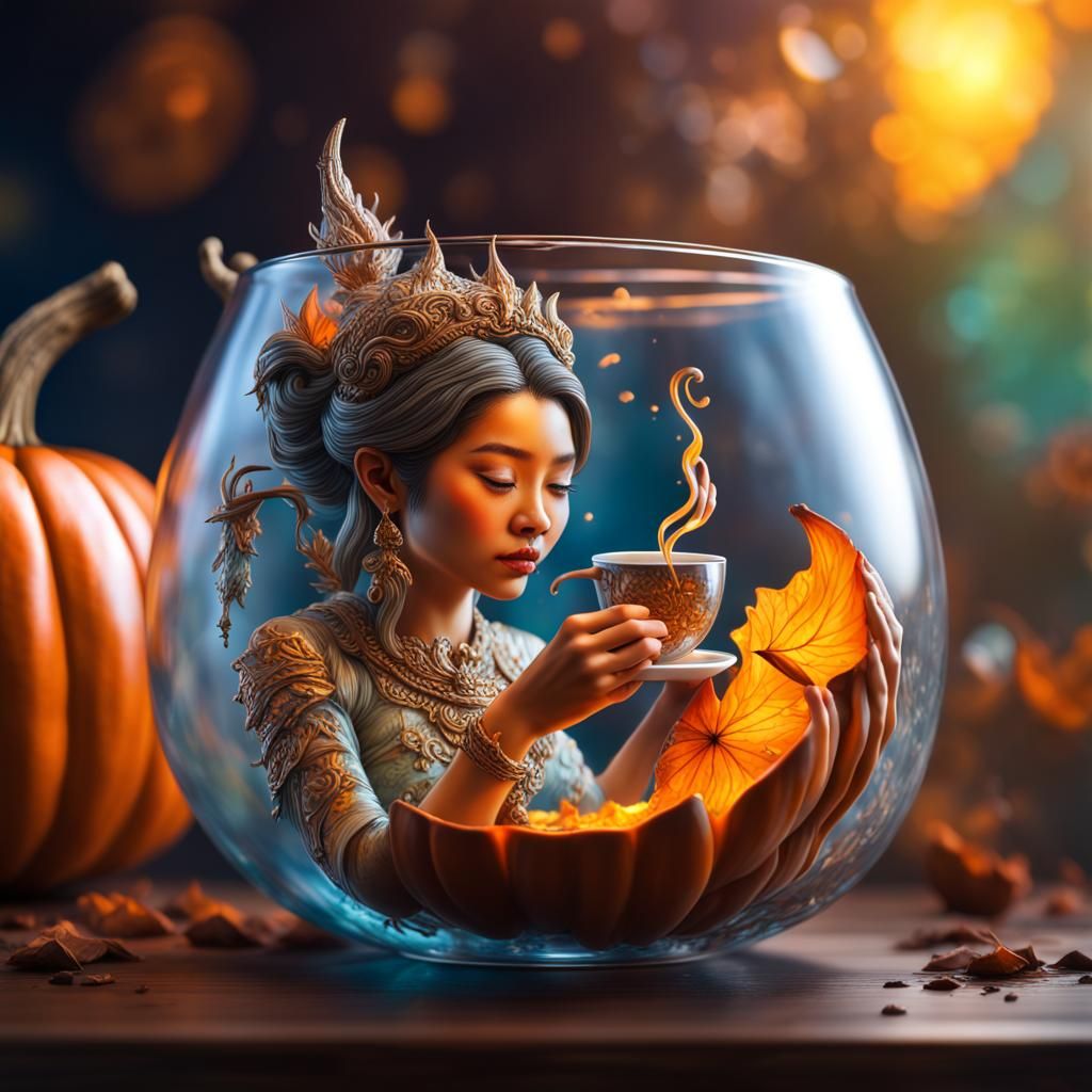 Hyperrealistic Thai Fairy in Glass Pumpkin