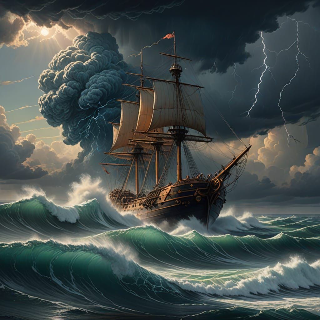 Majestic Storm-Tossed Ship on Turbulent Waters