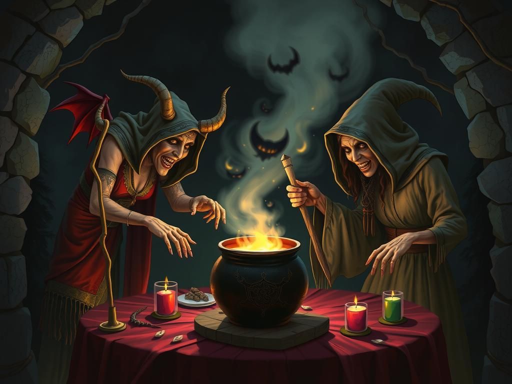 Sorcerous Hag Coven Around a Cauldron