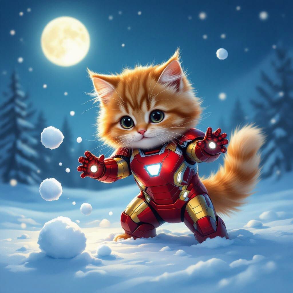 Fluffy Ginger Cat in Iron Man Suit Playing in Snow