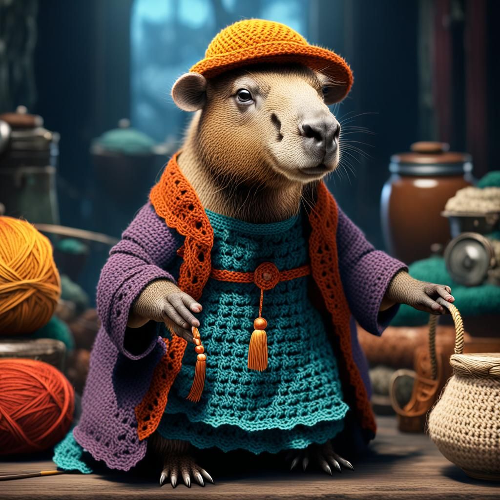 Capybara Granny Crocheting: Detailed Fantasy Art