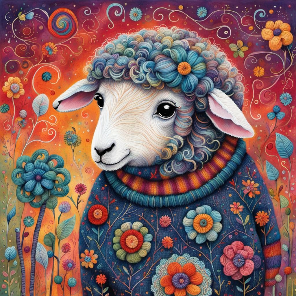 Sheep Knitting a Colorful Sweater in Naive Art Style