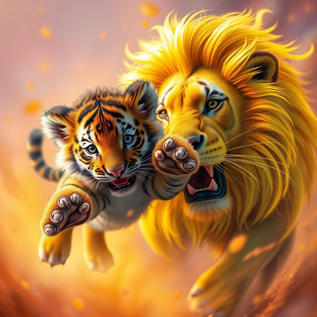 Tiger Cub Pouncing on Neon Lion: Fantasy Concept Art