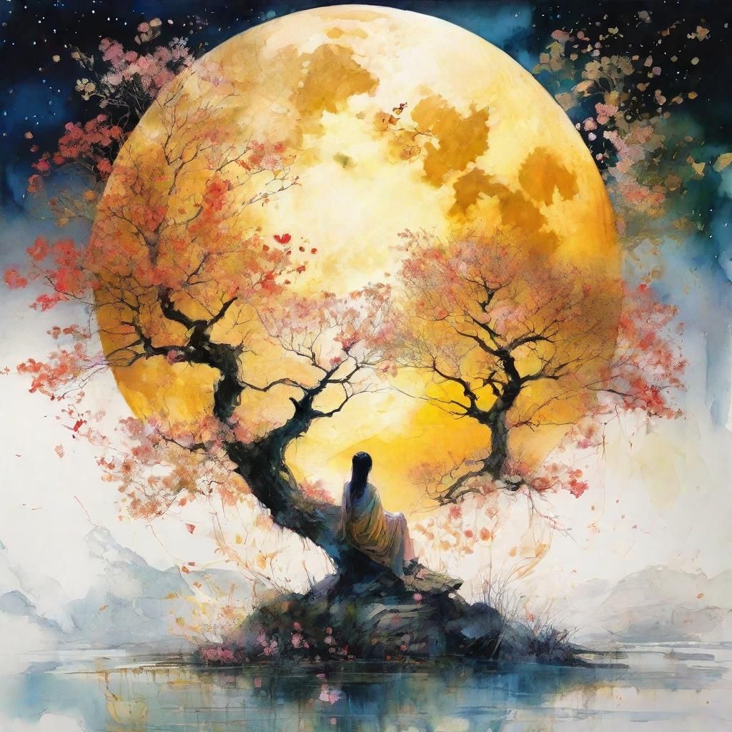 Golden Moon Double Exposure in Watercolor Style