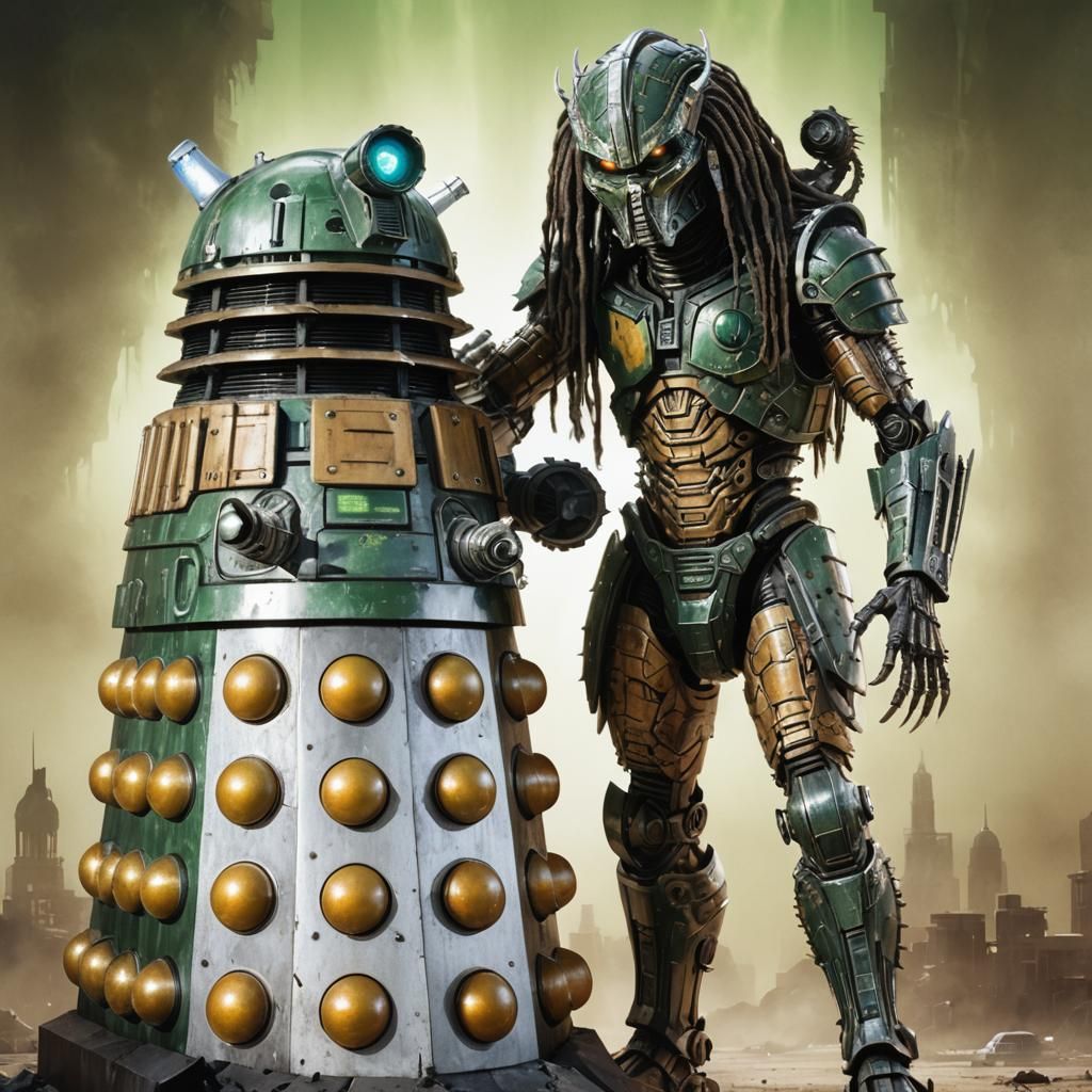 A Dalek and Predator meet up after many years. Dark menacing