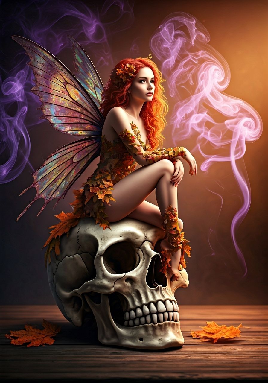Autumn Fairy Witch on Skull Amidst Ethereal Mist