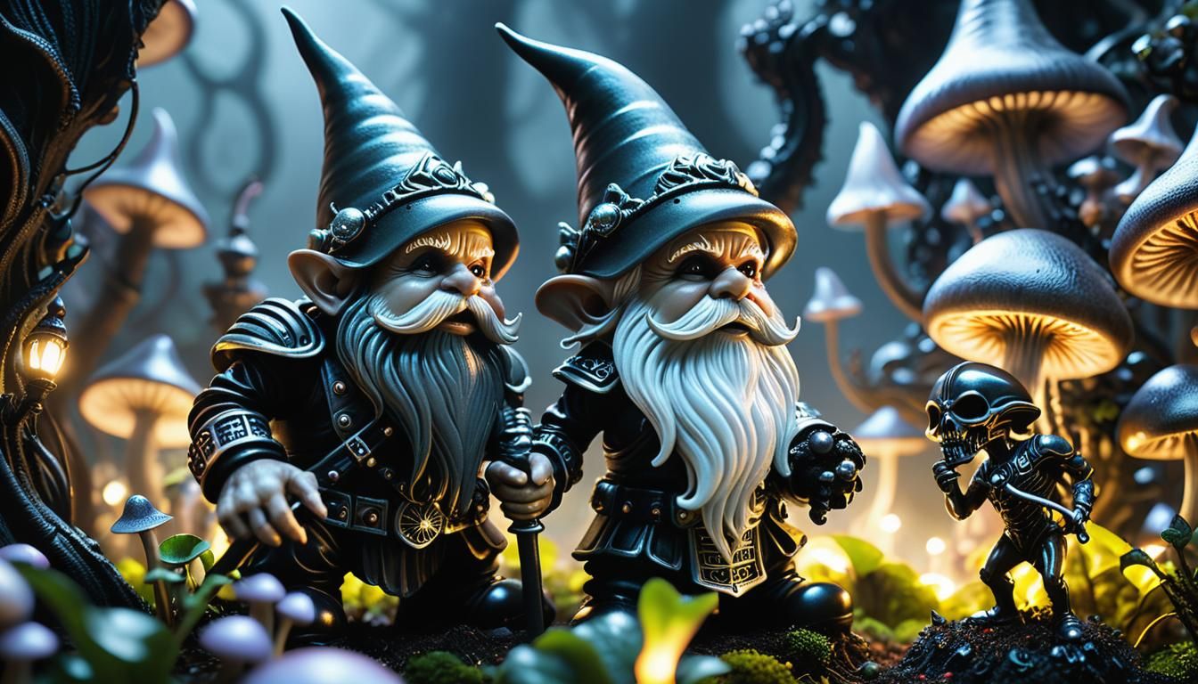 Gnome Battles Alien in Mystical Dark Fantasy Garden