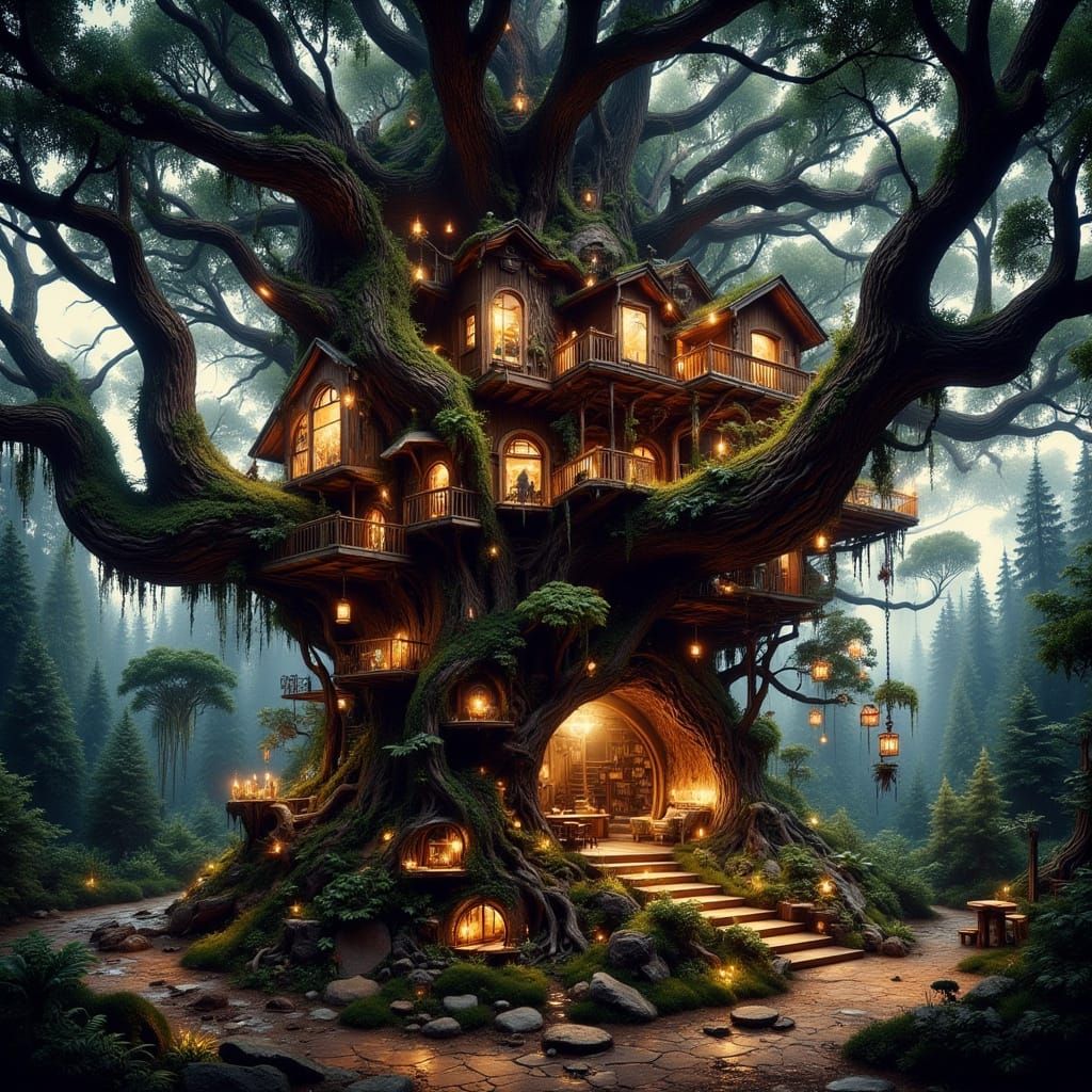 Enchanted Redwood Treehouse in a Whimsical Wonderland