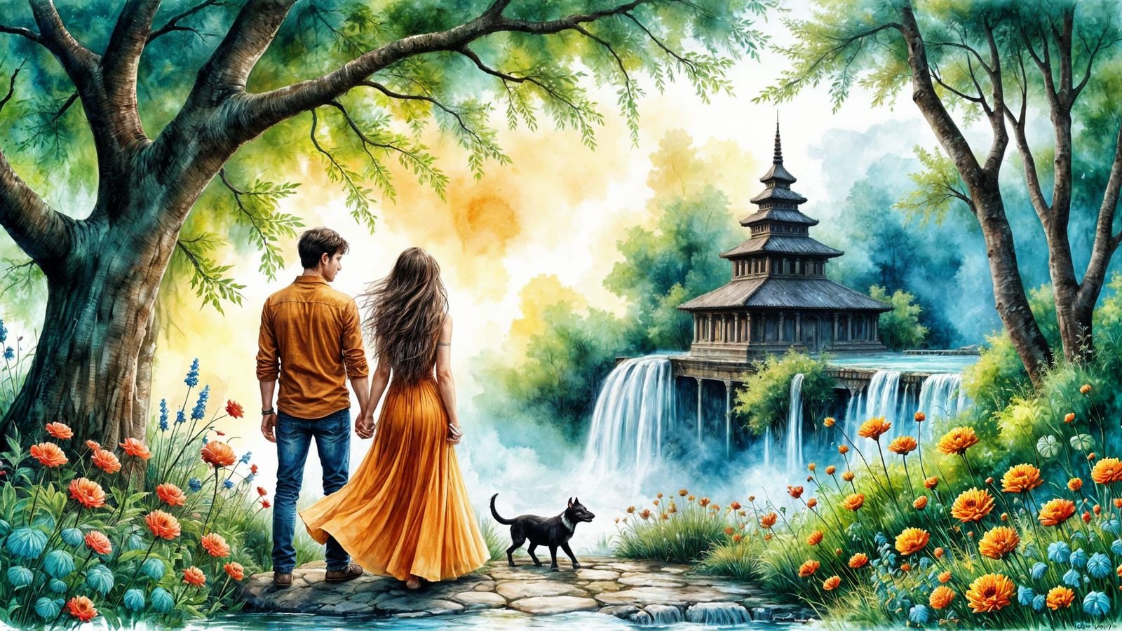 Surreal Watercolor Scene of Lovers in Jungle Paradise