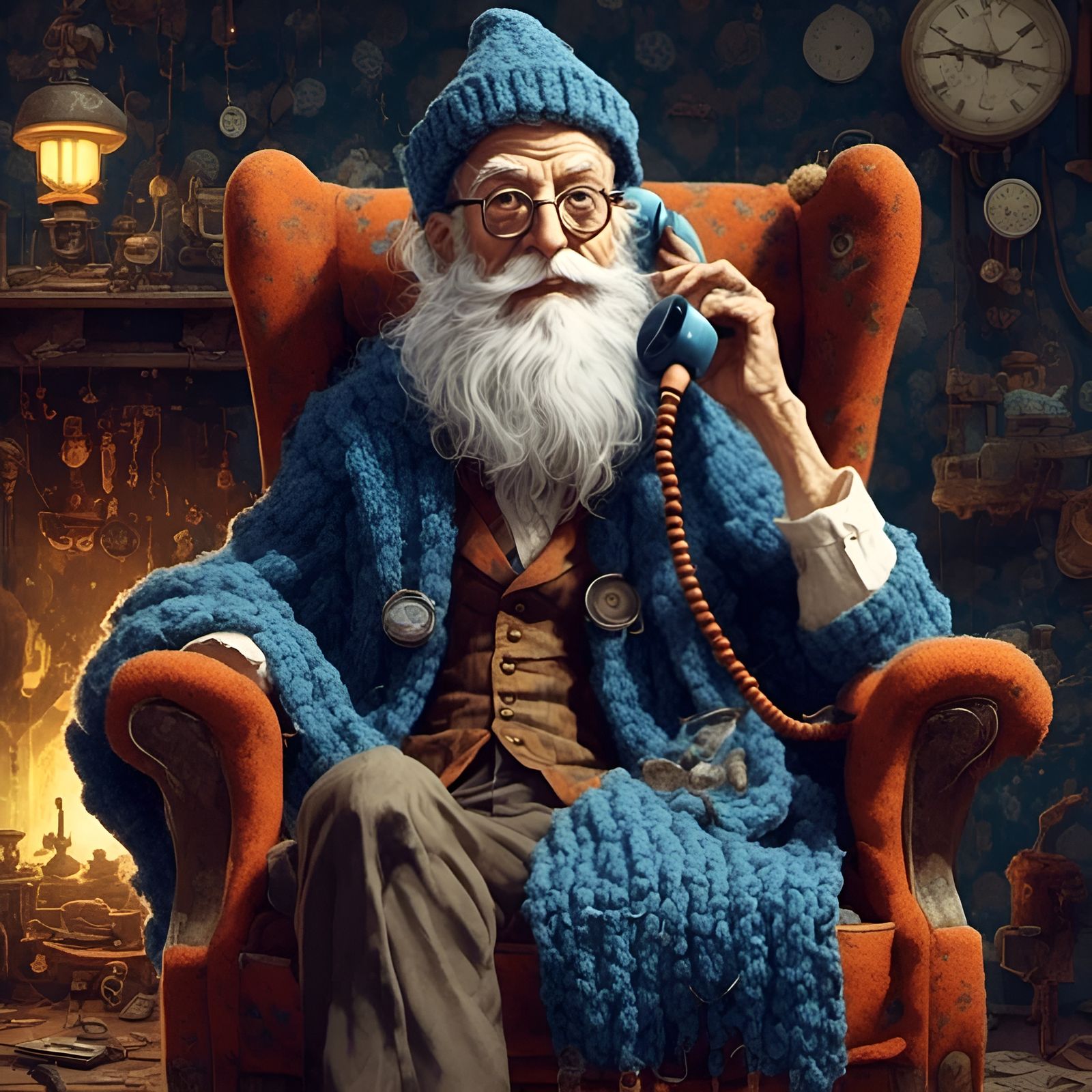 Cute Cartoon Wizard on Retro Phone in Dark Fantasy