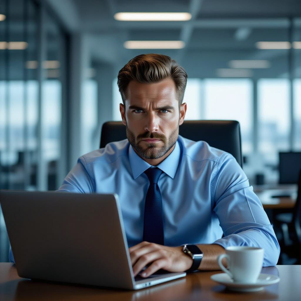 Man at Desk in Office: Realistic Cinematic Lighting