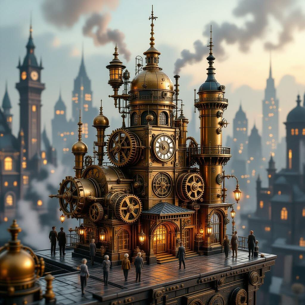Steampunk Miniature Metropolis with Clockwork Gears