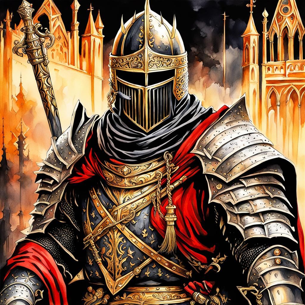 Gothic Knight with Crimson Cloak Watercolor Portrait