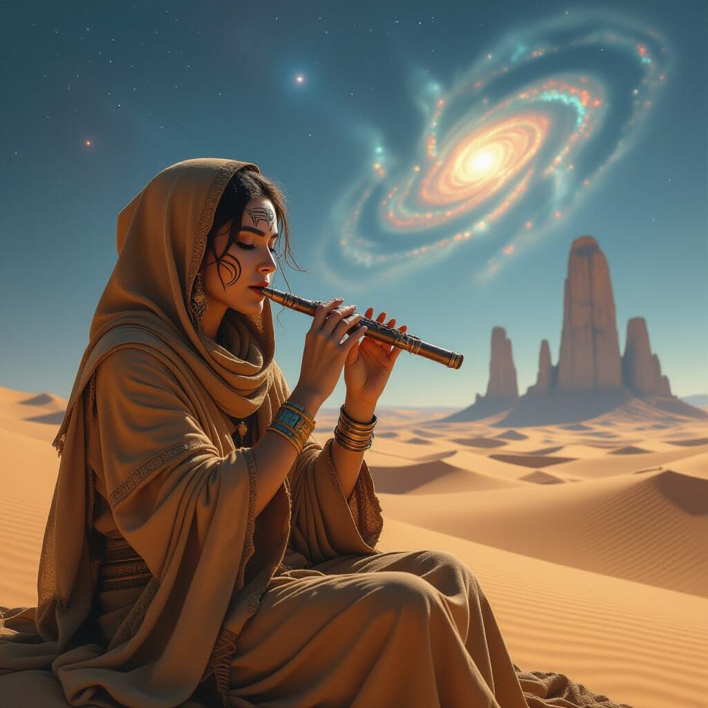 Nomad Woman Plays Flute in Alien Desert Under Nebulae Sky