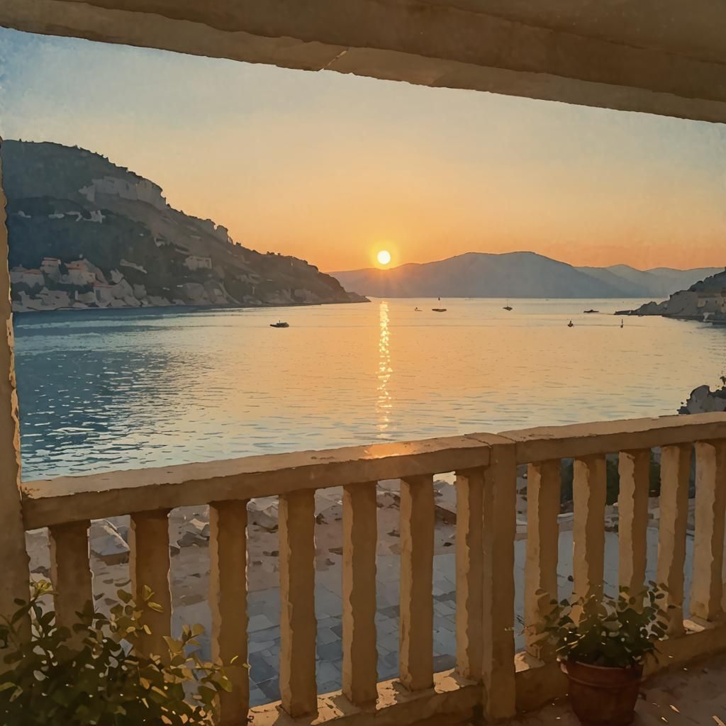 Adriatic Sunrise: 1950s Impressionistic Watercolor Painting