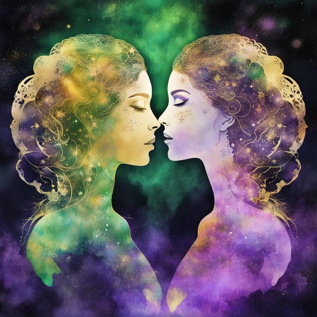 Cosmic Double Exposure: Watercolor Ink Girls