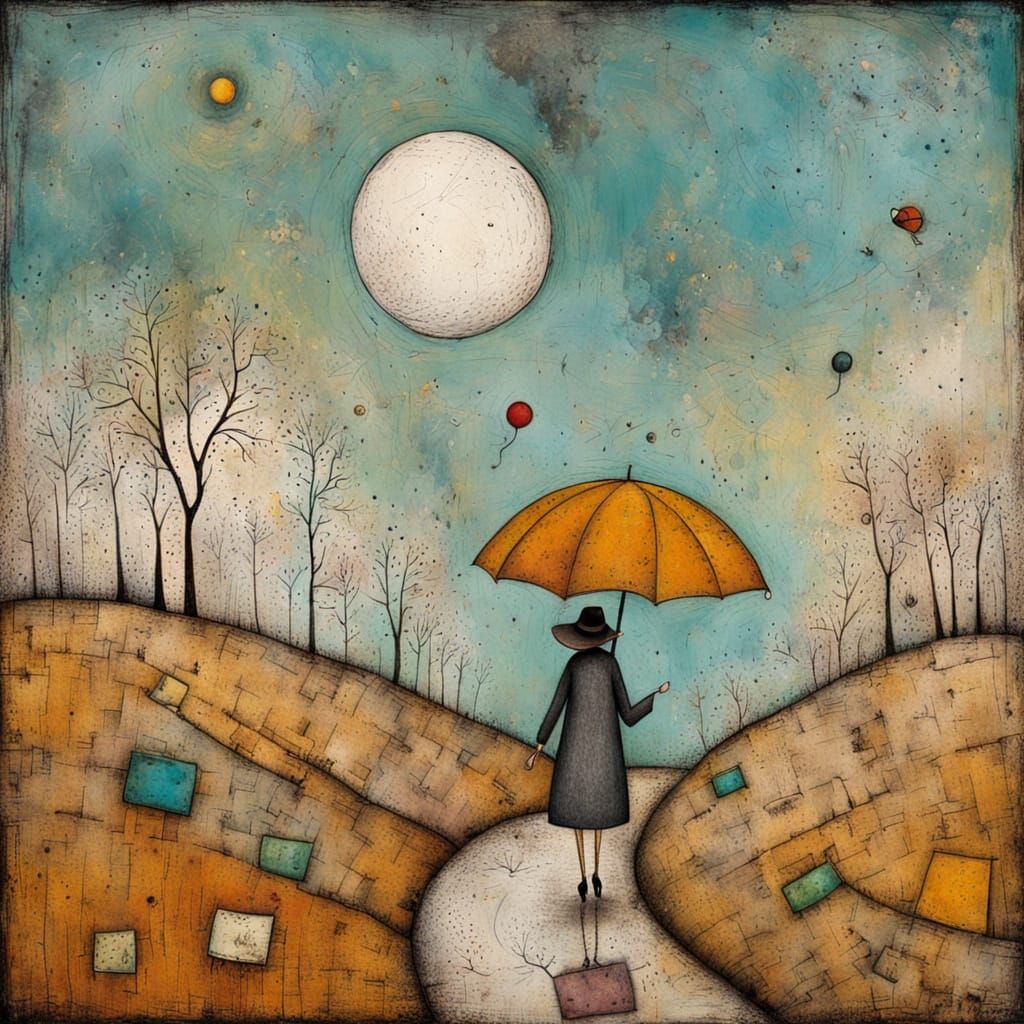 Whimsical Wanderer in Distressed Abstract Painting