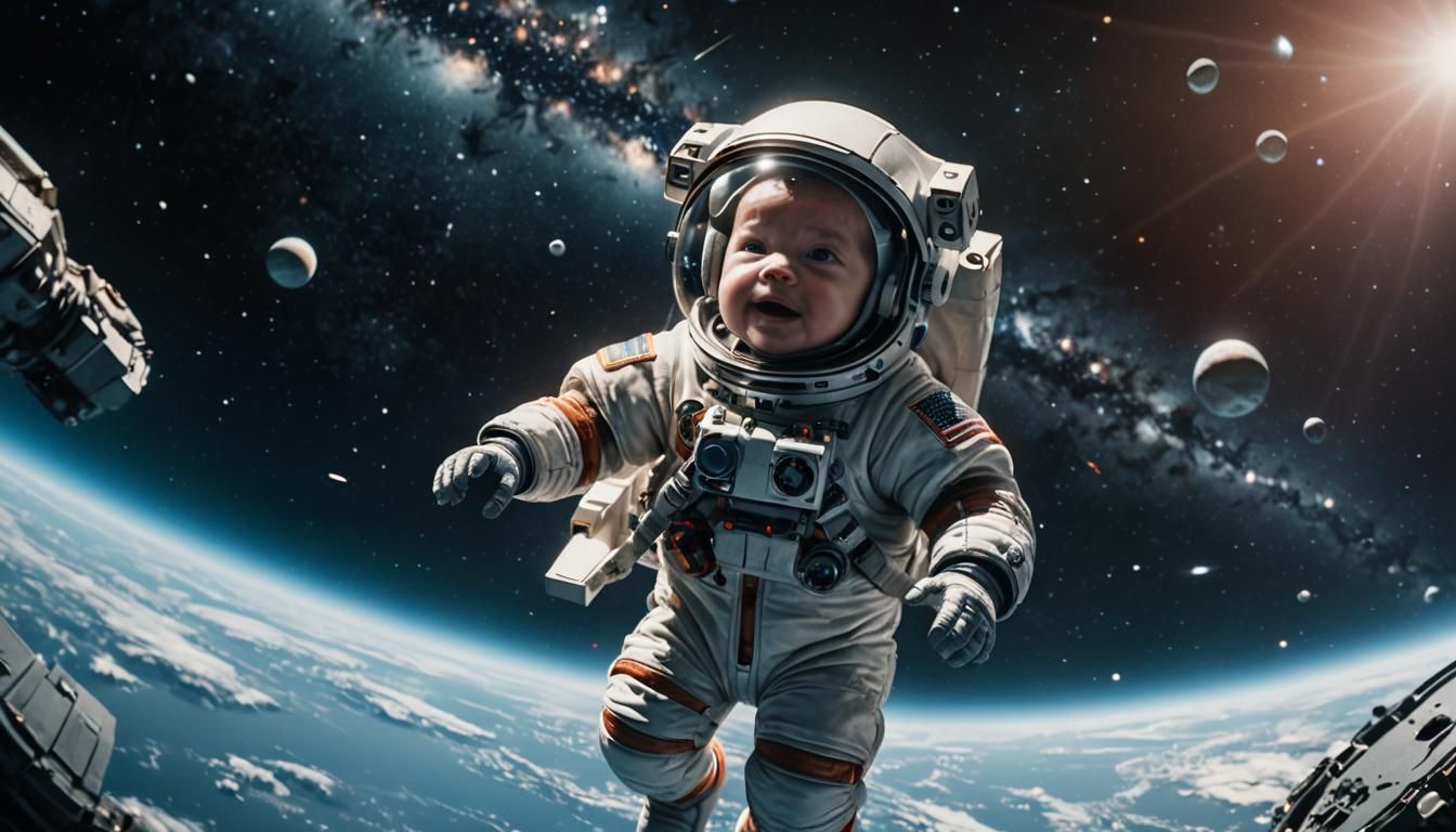 Newborn Astronaut Floating in Space: Cinematic Film Still