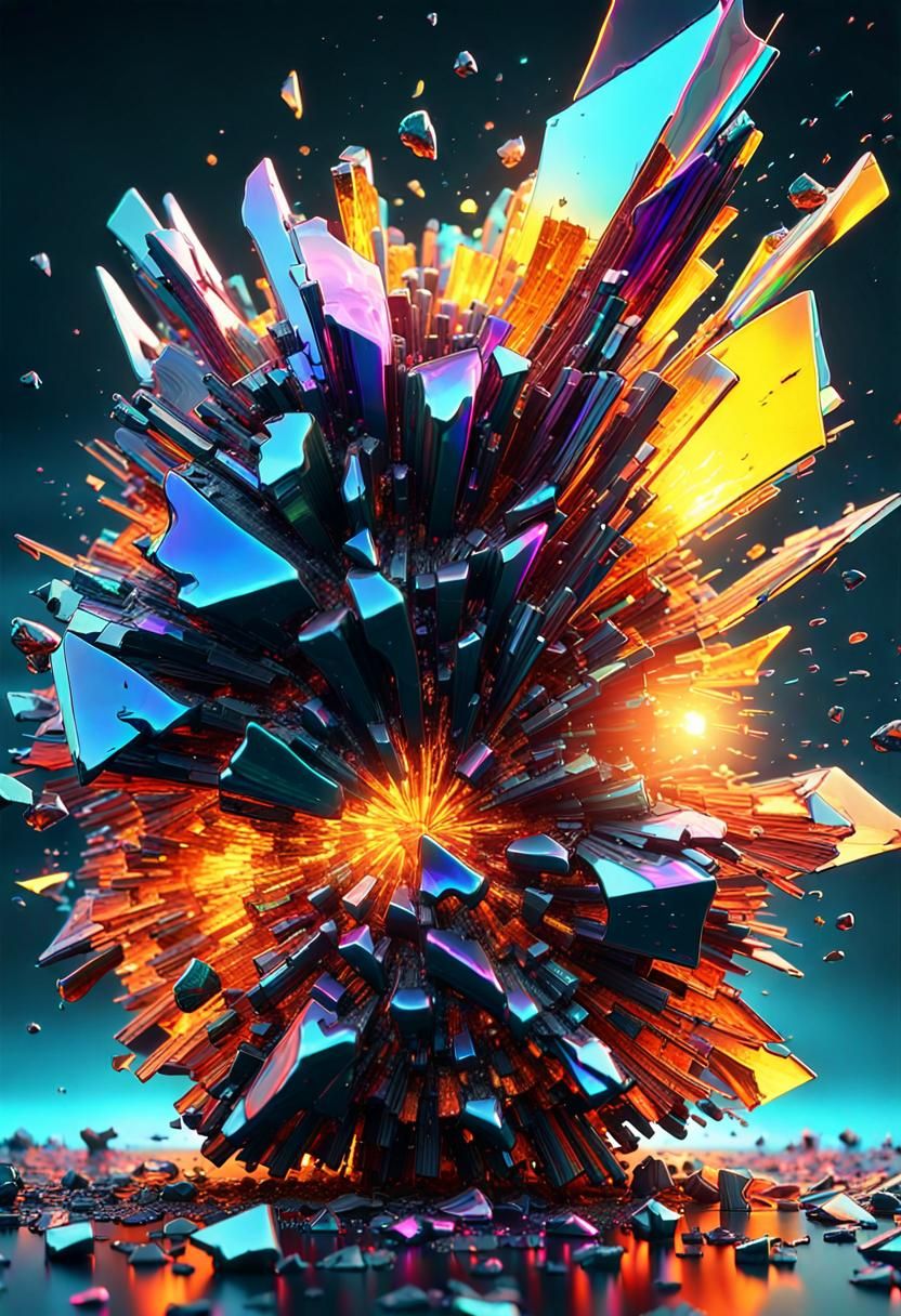 Exploding Shattered Glass with Neon Oil Slick Colors