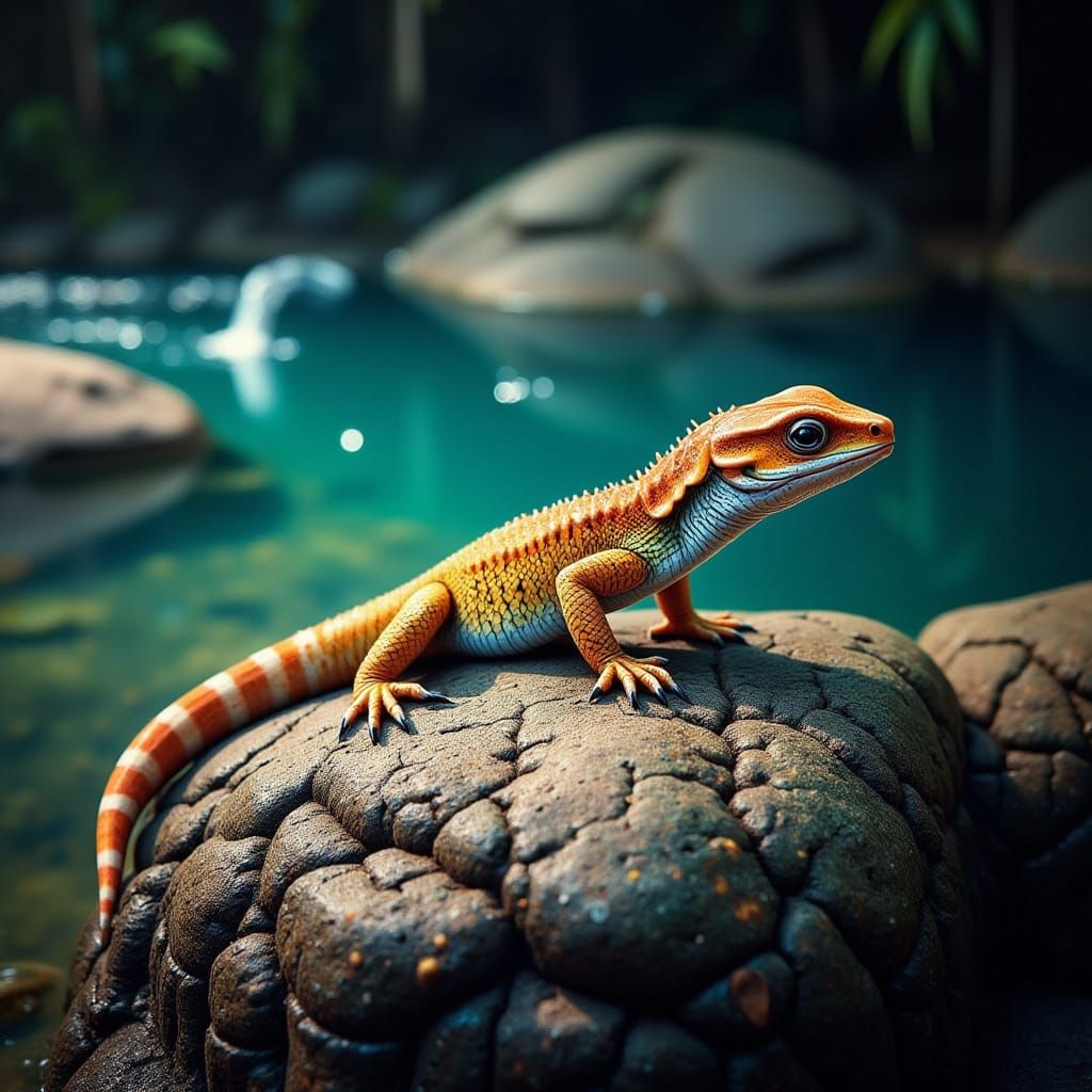 Hyperrealistic Gecko on Rock by River