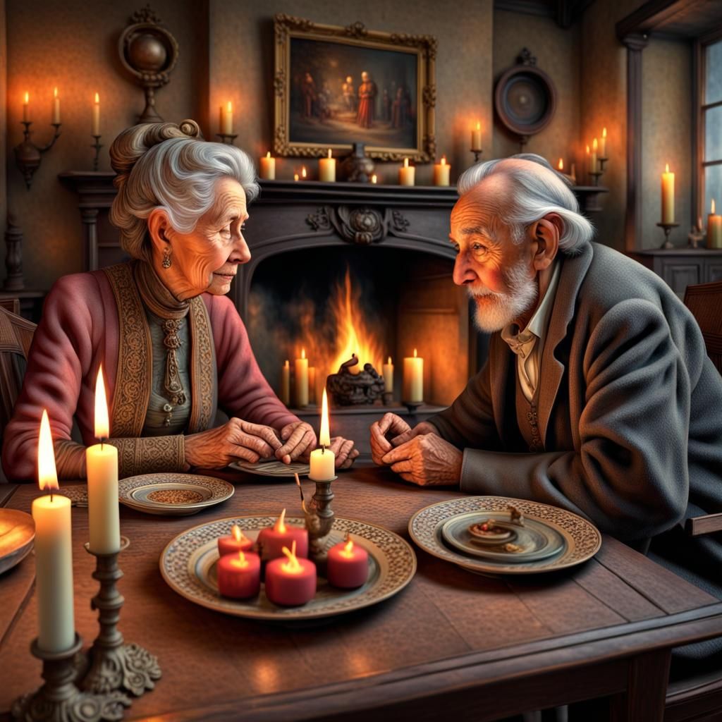 Intimate Moment: Elderly Couple by Fireplace