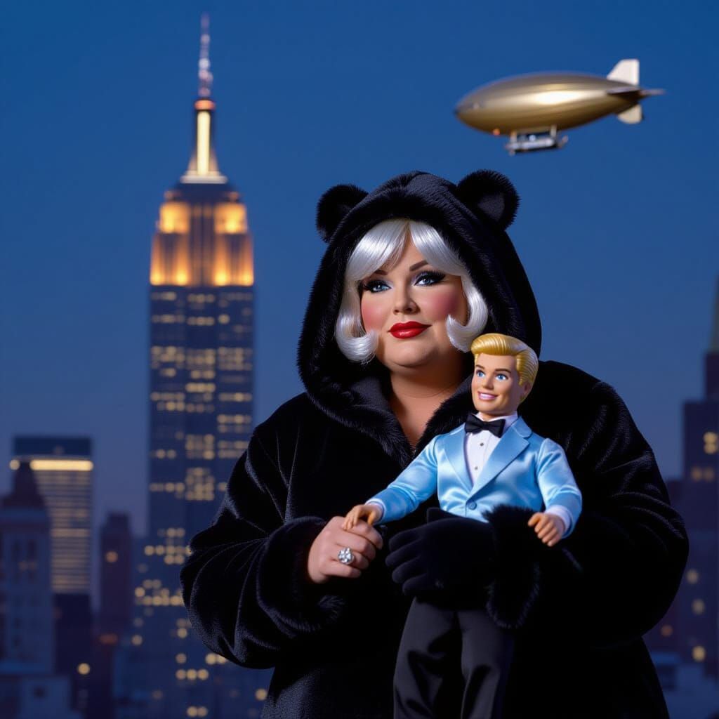 Woman in Gorilla Suit with Ken Doll Near Empire State Replic...