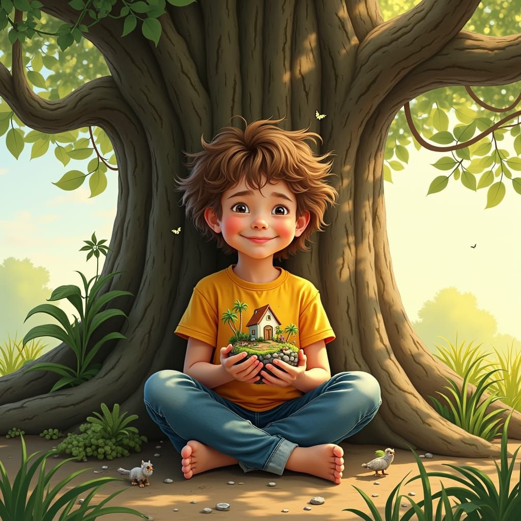 Child Creates Miniature World in Sunny Glade