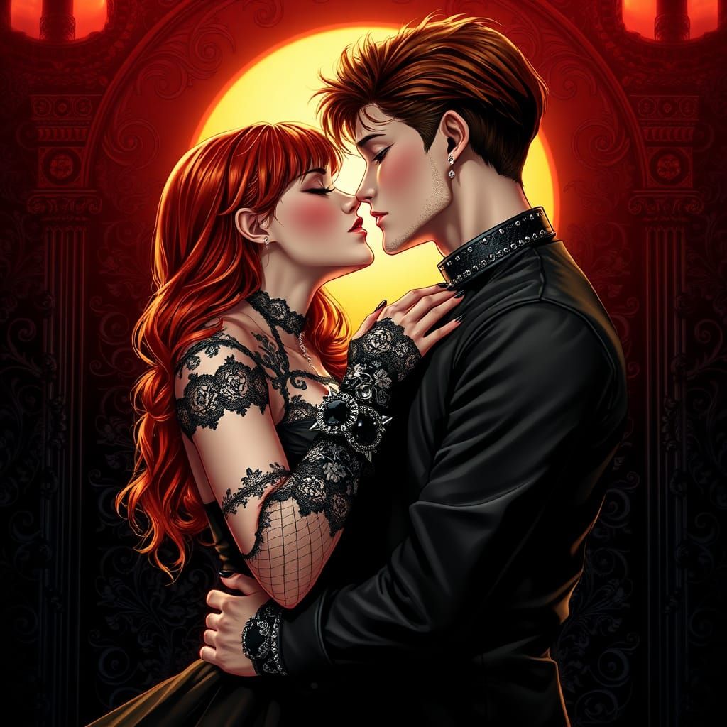 Romantic Goth Couple Embrace at Dawn: Anime Style