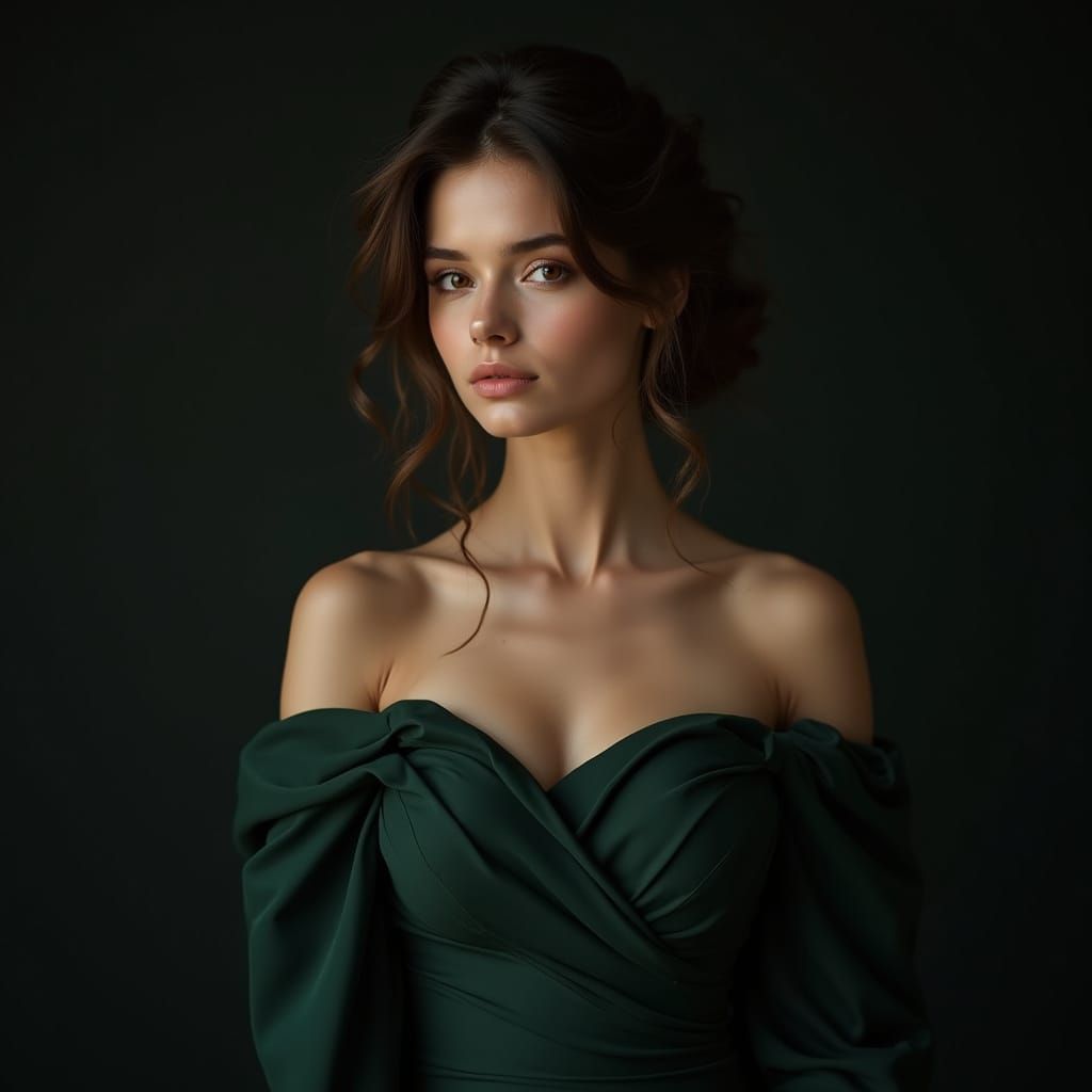 Elegant Young Woman in Dark Green Dress