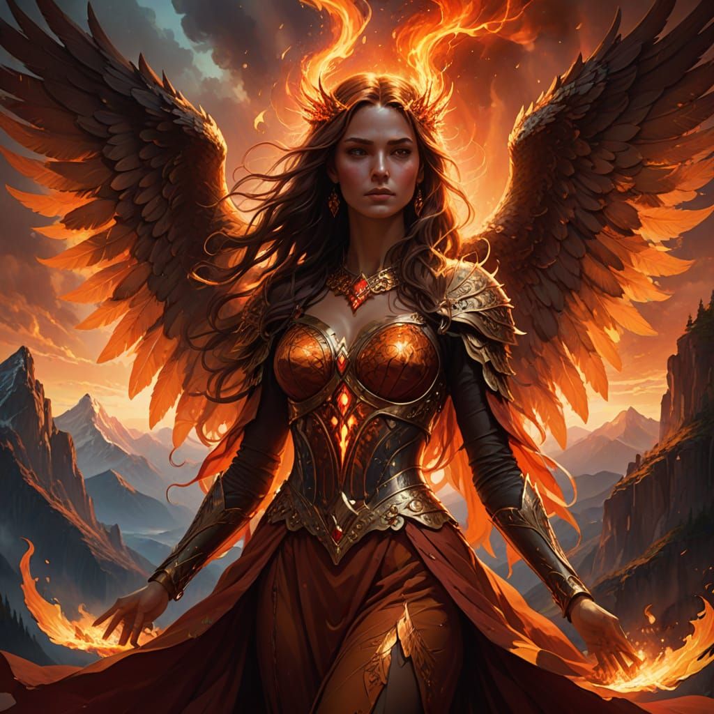 Angel in Majestic Fantasy Setting with Blazing Mountain