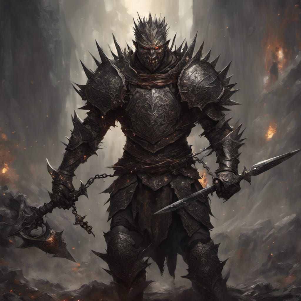 Fierce Warrior with Spiked Chain in Dark Fantasy Art